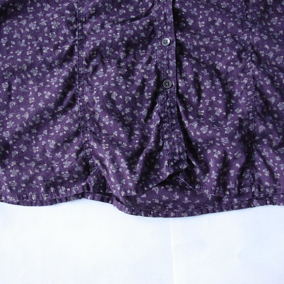 Purple Dainty Floral Long Adjustable Sleeve Ruche Button Front Scallop Hem Large - Picture 15 of 16